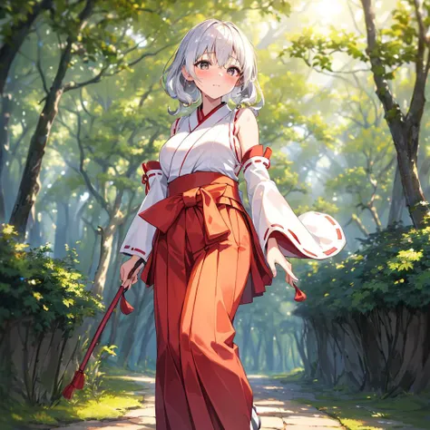 ((8k, masterpiece,best quality,hyper detailed,illustration)) ,1girl,solo,(miko clothes, hakama skirt, detached sleeves, side breasts), outdoors, walking in forest, ((stroll)), sunlight filtering through trees,,daylight,sunbeam,lens flare,best light,(tang keke,:1.2), female ,best quality eyes,dropping eyes,Bishojo,silver hair,curl inward hair,eyelashes,face blush,sweaty,steaming body,medium breasts, looking_at_viewer,<lora:MikoClothes_v2_1:0.2>,full body,