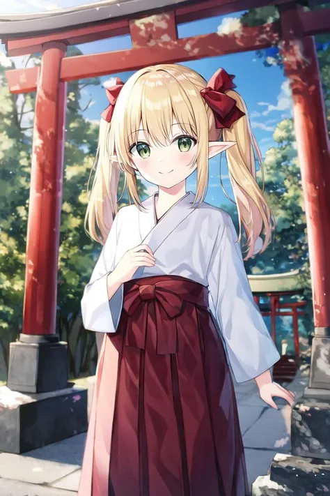 <lora:mikoClothes_v20:0.3> miko clothes, long sleeves, long hakama,
miko, white kimono,
<lora:torii_red-wasabiya:0.5> torii,
1girl, solo, cowboy shot, light smile, closed mouth,
shrine, torii, red hakama,
elf, blonde hair, long hair, twintails, green eyes, hair ribbon, red ribbon,