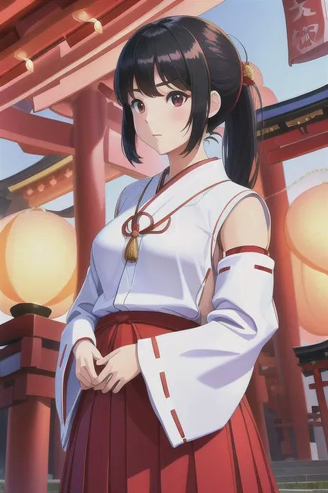 1girl (miko clothes, white sleeves, long scarlet skirt,many head accessories:1.5) (cute,solemn,bare face,big eyes:1.4) straight hear, black hair, long hair, ponytail BREAK (small breasts) cowboy shot,profile, looking forward (ceremony in shrine, in night, japanese paper lanterns in background:1.4) BREAK japanese, japanese idol, black eyes, (best quality, ultra high res, Realistic, RAW photo, real person, portrait photography, photorealistic, detailed skin, fair skin, beautiful detailed eyes) <lora:MikoClothes_v2_1:0.5>