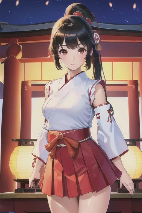 1girl (miko clothes, white sleeves, long scarlet skirt:1.5) (head accessories, hand accessories:1.7) (cute,solemn,bare face,big eyes:1.4) straight hear, black hair, long hair, ponytail BREAK (seiza in shrine, both hands on thigh, small breasts, in night, japanese paper lanterns in background:1.4) cowboy shot BREAK japanese, japanese idol, black eyes, (best quality, ultra high res, Realistic, RAW photo, real person, portrait photography, photorealistic, detailed skin, fair skin, beautiful detailed eyes) <lora:MikoClothes_v2_1:0.5>