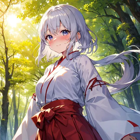 ((8k, masterpiece,best quality,hyper detailed,illustration)) ,1girl,solo,miko clothes, long hakama, long sleeves, outdoors, walking in forest, ((stroll)), sunlight filtering through trees,,daylight,sunbeam,lens flare,best light,(tang keke,:1.2), female child,best quality eyes,dropping eyes,Bishojo,silver hair,curl inward hair,eyelashes,face blush,sweaty,steaming body,medium breasts, looking_at_viewer,<lora:MikoClothes_v2_1:0.2>