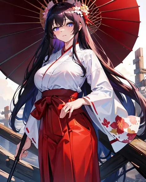 HDR, masterpiece, best quality, Highly detailed, extreme detail description, Professional, ultra-fine painting, <lora:chitanda_eru_v10:0.2>,chitanda_eru, beautiful eyes, purple eyes, big breast, long hair, <lora:MikoClothes_v2_1:0.3>, Miko Clothes, long sleeves, long hakama, hakama skirt, <lora:add_detail:0.4>, add_detail