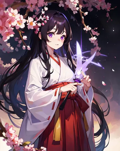 HDR, masterpiece, best quality, Highly detailed, extreme detail description, Professional, <lora:chitanda_eru_v10:0.2>,chitanda_eru, beautiful eyes, purple eyes, long hair, <lora:MikoClothes_v2_1:0.3>, Miko Clothes, long sleeves, long hakama, hakama skirt,