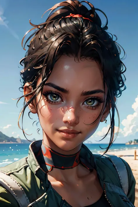 cyberpanam, dark skin, brown eyes, hair bun,cropped jacket,green top, looking at viewer, serious, smiling, close up portrait,
outside, blue sky, extreme detail, masterpiece, <lora:CyberPanam:.7>
