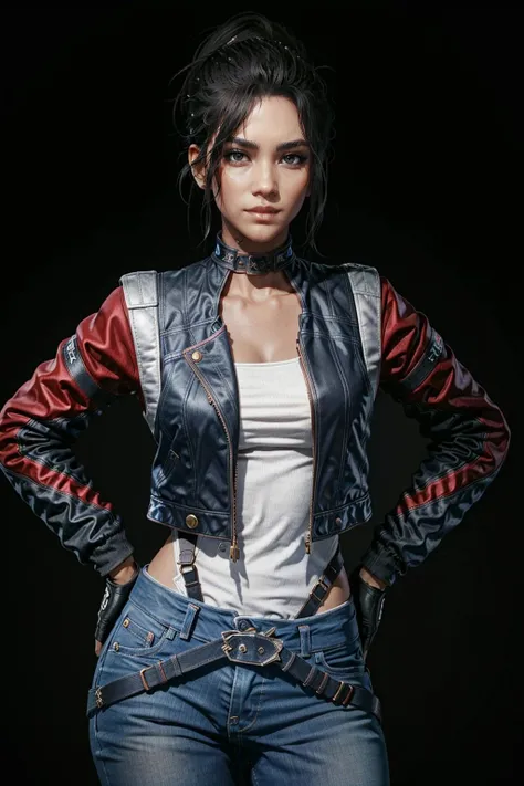 PanamCyber, 1girl, solo, hands on hips, gloves, pants, black hair, denim, belt, jacket, looking at viewer, leotard, jeans, breasts, brown eyes, vest, choker, black gloves, lips, standing, cowboy shot, simple background
<lora:epi_noiseoffset2:1>,   <lora:PanamCyber:0.7>