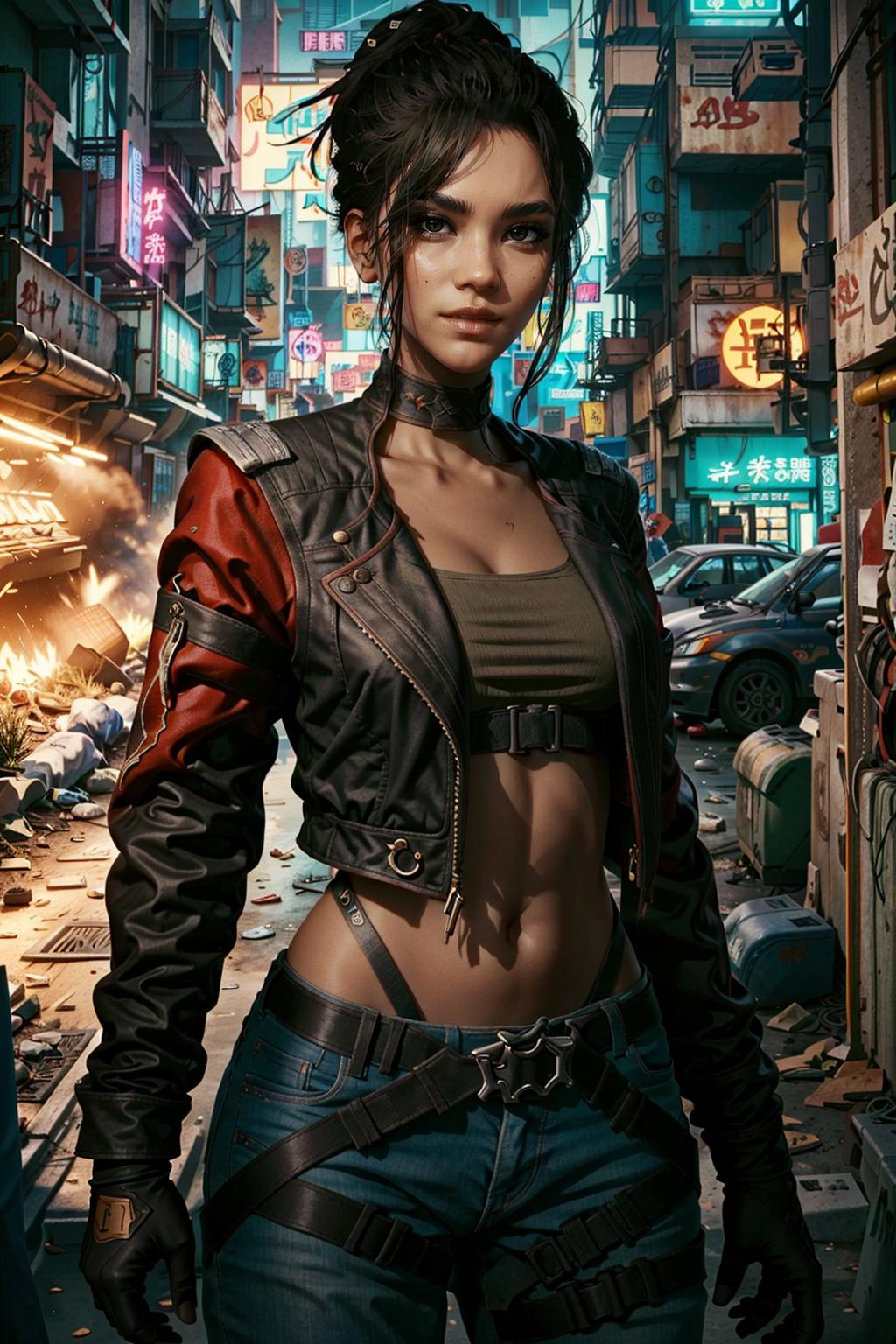 A woman in a leather jacket and jeans standing in a city - SeaArt AI