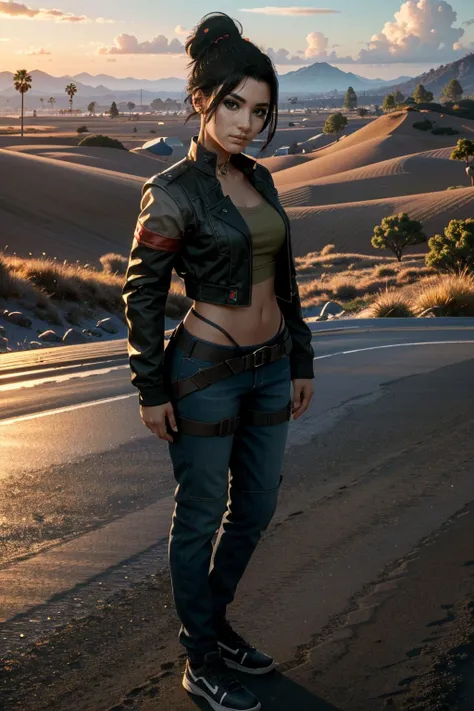 (masterpiece:1.2),(best quality:1.2),(high resolution:1.2)
 <lora:CyberPanam:0.8>
CyberPanam, 1girl, solo, black hair, brown eyes, single hair bun, full body, standing in front of a beautiful landscape
