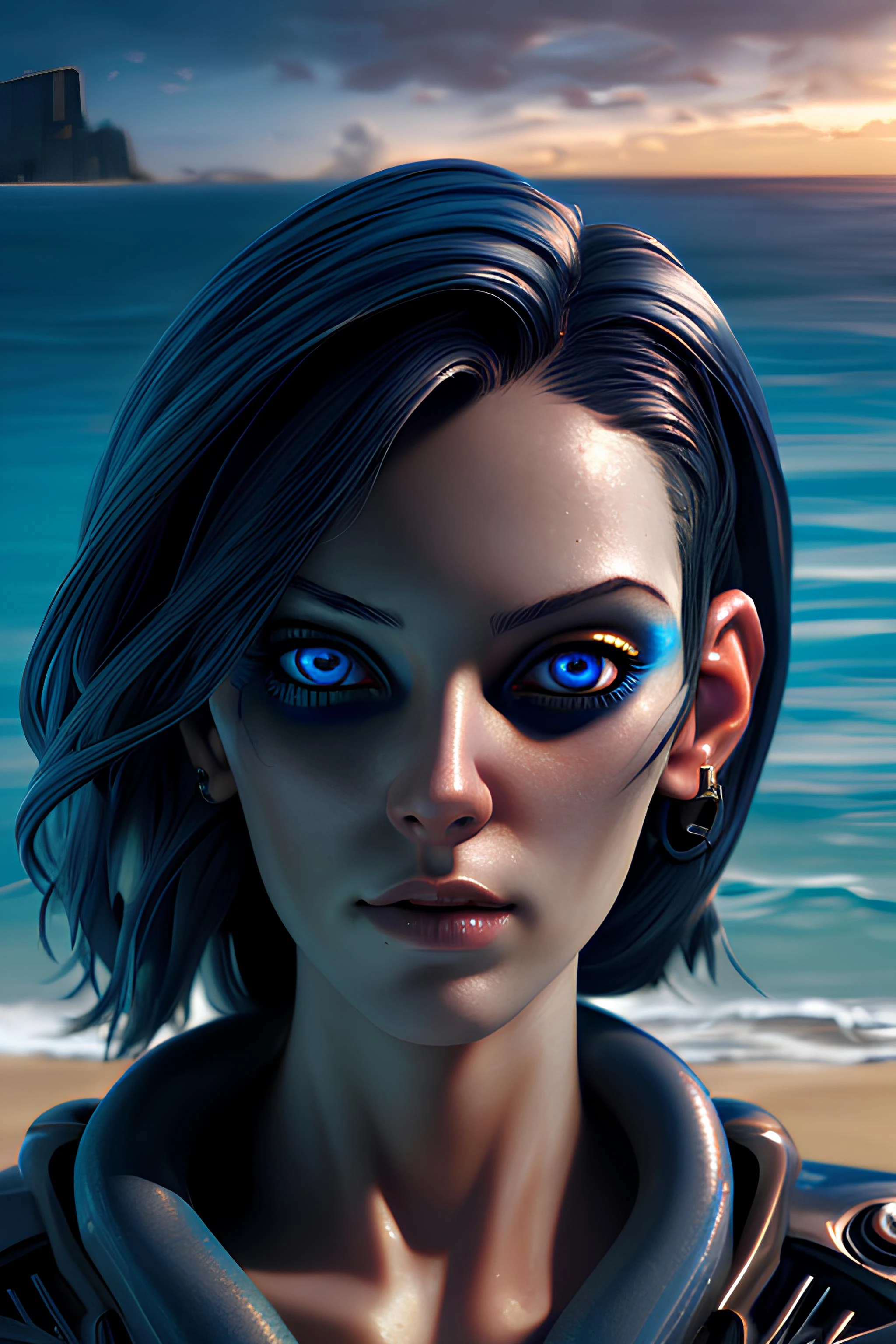 cyberpunk woman in a beach, masterpiece, detailed face, beautiful eyes, extreme detail