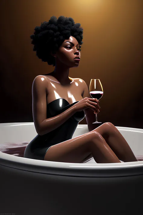 naked black woman drinking wine, lying in a bathtub,  powerful pose, wonderful masterpiece highly detailed, beautiful cinematic light deep focus, elegant, digital painting, smooth, sharp focus, golden ratio, dramatic illumination, ultra realistic, 8k