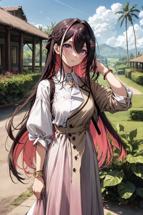 best quality,absurd res, 1girl,azki_(hololive),landscape of dole plantation,pineapple farm,
multicolored hair, pink hair, purple eyes, black hair, dress, hair between eyes, white dress, brown dress, brown jacket, jewelry, long sleeves, x hair ornament, bangs, bracelet, very long hair, streaked hair, hairclip, large breasts,
<lora:azkiHololive_v1:0.8>
