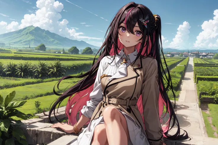 best quality,absurd res, 1girl,azki_(hololive),landscape of dole plantation,pineapple farm,
multicolored hair, pink hair, purple eyes, black hair, dress, hair between eyes, white dress, brown dress, brown jacket, jewelry, long sleeves, x hair ornament, bangs, bracelet, very long hair, streaked hair, hairclip, large breasts,
<lora:azkiHololive_v1:0.8>