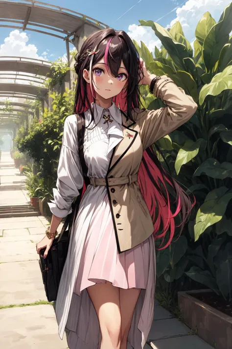 best quality,absurd res, 1girl,azki_(hololive),landscape of dole plantation,pineapple farm,
multicolored hair, pink hair, purple eyes, black hair, dress, hair between eyes, white dress, brown dress, brown jacket, jewelry, long sleeves, x hair ornament, bangs, bracelet, very long hair, streaked hair, hairclip, large breasts,
<lora:azkiHololive_v1:0.8>