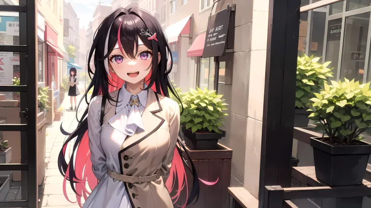 masterpiece, best quality, highres,
1girl, purple eyes, multicolored hair, pink hair, black hair, colored inner hair, hair between eyes, two-tone hair, bangs, very long hair, streaked hair, hairclip, x hair ornament,
jewelry, bracelet,
dress, white dress, brown jacket, long sleeves,
<lora:AZKi_v10:0.7>
standing, upper body, arms behind back, smile, open mouth,
shop, on street, potted plant, window,
