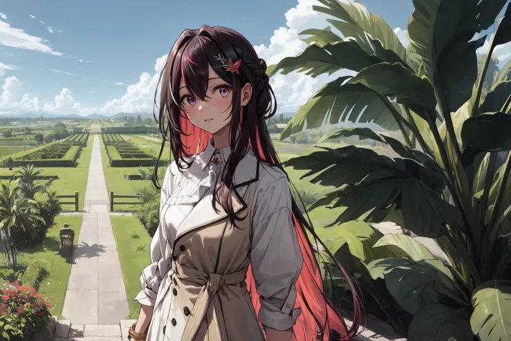 best quality,absurd res, 1girl,azki_(hololive),landscape of dole plantation,pineapple farm,
multicolored hair, pink hair, purple eyes, black hair, dress, hair between eyes, white dress, brown dress, brown jacket, jewelry, long sleeves, x hair ornament, bangs, bracelet, very long hair, streaked hair, hairclip, large breasts,
<lora:azkiHololive_v1:0.8>