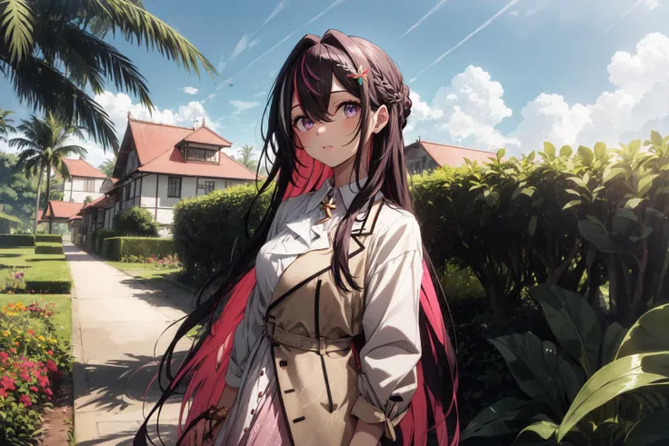 best quality,absurd res, 1girl,azki_(hololive),landscape of dole plantation,pineapple farm,
multicolored hair, pink hair, purple eyes, black hair, dress, hair between eyes, white dress, brown dress, brown jacket, jewelry, long sleeves, x hair ornament, bangs, bracelet, very long hair, streaked hair, hairclip, large breasts,
<lora:azkiHololive_v1:0.8>
