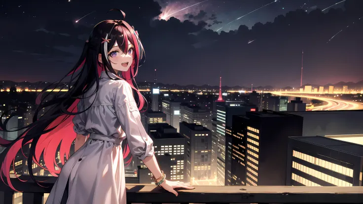 masterpiece, best quality, highres,
1girl, purple eyes, multicolored hair, pink hair, black hair, colored inner hair, hair between eyes, two-tone hair, bangs, very long hair, streaked hair, hairclip, x hair ornament,
jewelry, bracelet,
dress, white dress, brown jacket, long sleeves,
<lora:AZKi_v10:0.7>
(night:1.3), shooting star, city, on balcony, from tall building, shore,
(solo:1.3), from behind, from above, looking back, smile, open mouth,