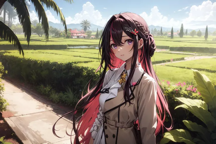 best quality,absurd res, 1girl,azki_(hololive),landscape of dole plantation,pineapple farm,
multicolored hair, pink hair, purple eyes, black hair, dress, hair between eyes, white dress, brown dress, brown jacket, jewelry, long sleeves, x hair ornament, bangs, bracelet, very long hair, streaked hair, hairclip, large breasts,
<lora:azkiHololive_v1:0.8>
