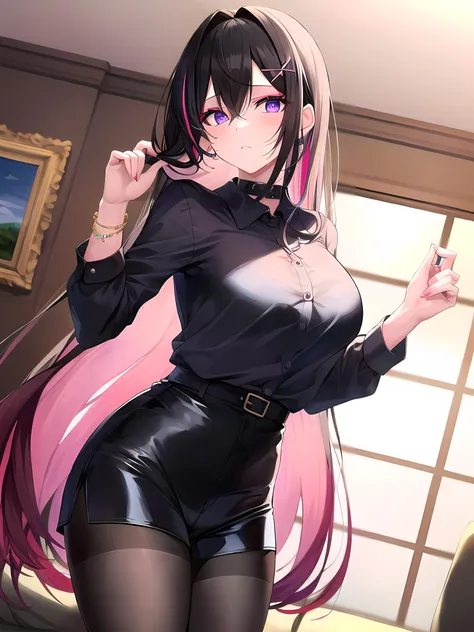 (masterpiece:1.3), (absurdres:1.3), (best quality:1.3), hand of Guido Daniele, (ultra-detailed:1.3),(best shadow:0.7), (handled hair), (sharp eyeliner, eyeshadow, detailed eyes:1.1), perfect anatomy,
BREAK  <lora:azkiHololive_v1:0.3>, large breasts, multicolored hair, pink hair, purple eyes, black hair, hair between eyes, jewelry, long sleeves, x hair ornament, bangs, bracelet, very long hair, streaked hair, hairclip, black choker, (black_shirt, see-through shirt), latex_shorts, pantyhose, 
BREAK indoors, living_room
