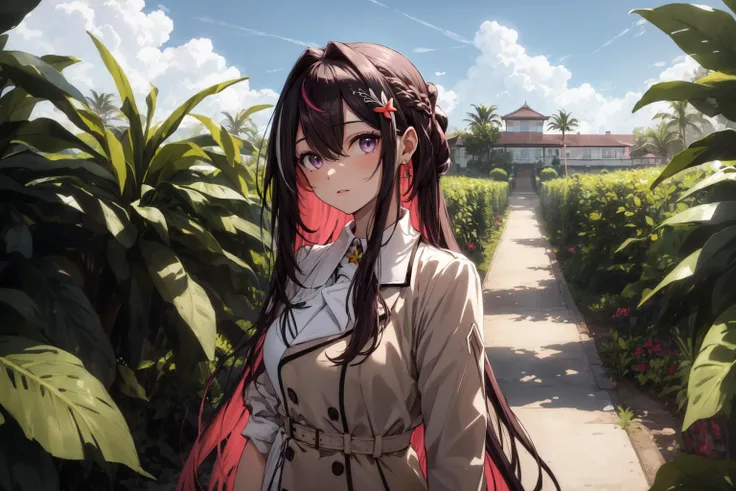 best quality,absurd res, 1girl,azki_(hololive),landscape of dole plantation,pineapple farm,
multicolored hair, pink hair, purple eyes, black hair, dress, hair between eyes, white dress, brown dress, brown jacket, jewelry, long sleeves, x hair ornament, bangs, bracelet, very long hair, streaked hair, hairclip, large breasts,
<lora:azkiHololive_v1:0.8>