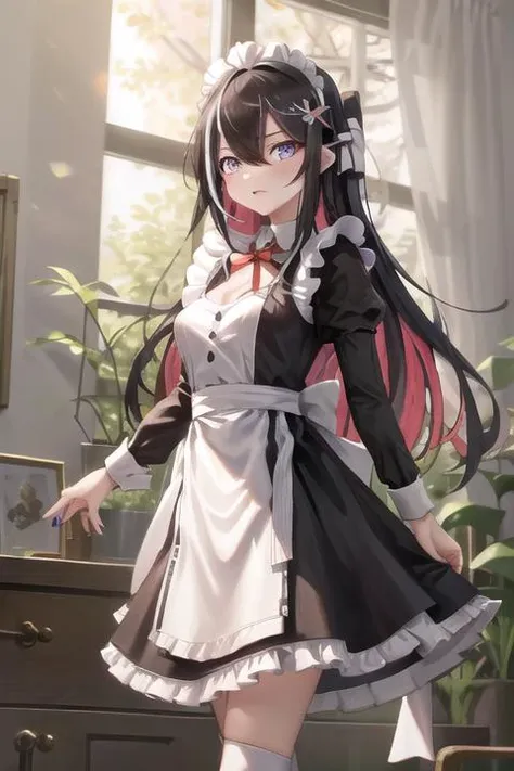 masterpeace, best quality, highres, 1girl, solo, multicolored hair, pink hair, purple eyes, puffy eyes, black hair, dress, colored inner hair, hair between eyes, two-tone hair, jewelry, long sleeves, x hair ornament, bangs, bracelet, very long hair, streaked hair, hairclip, <lora:AZKi_v10:0.8>, standing, cowboy shot, (open mouth:0.2),arms behind back,looking at viewer, facing front,
living room, (disgust),disgust face, angry, breasts,
<lora:GGAS_Maid_Dress:0.4>,Maid_Dress, maid headdress,black maid, puffy sleeves, ahoge, ankle cuffs, dress bow, maid, frills, nail polish, streaked hair, white bow,knee socks
