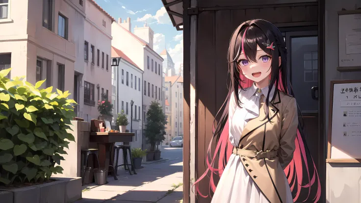 masterpiece, best quality, highres,
1girl, purple eyes, multicolored hair, pink hair, black hair, colored inner hair, hair between eyes,  two-tone hair, bangs, very long hair, streaked hair, hairclip, x hair ornament, 
jewelry, bracelet, 
dress,  white dress, brown jacket, long sleeves, 
<lora:AZKi_v10:0.7>
standing, upper body, arms behind back, smile, open mouth, 
cafe, outside, potted plant, window, door,