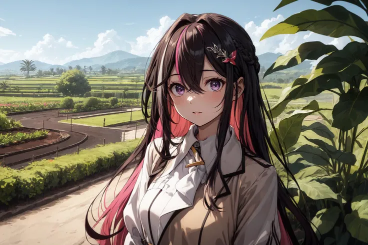 best quality,absurd res, 1girl,azki_(hololive),landscape of dole plantation,pineapple farm,
multicolored hair, pink hair, purple eyes, black hair, dress, hair between eyes, white dress, brown dress, brown jacket, jewelry, long sleeves, x hair ornament, bangs, bracelet, very long hair, streaked hair, hairclip, large breasts,
<lora:azkiHololive_v1:0.8>