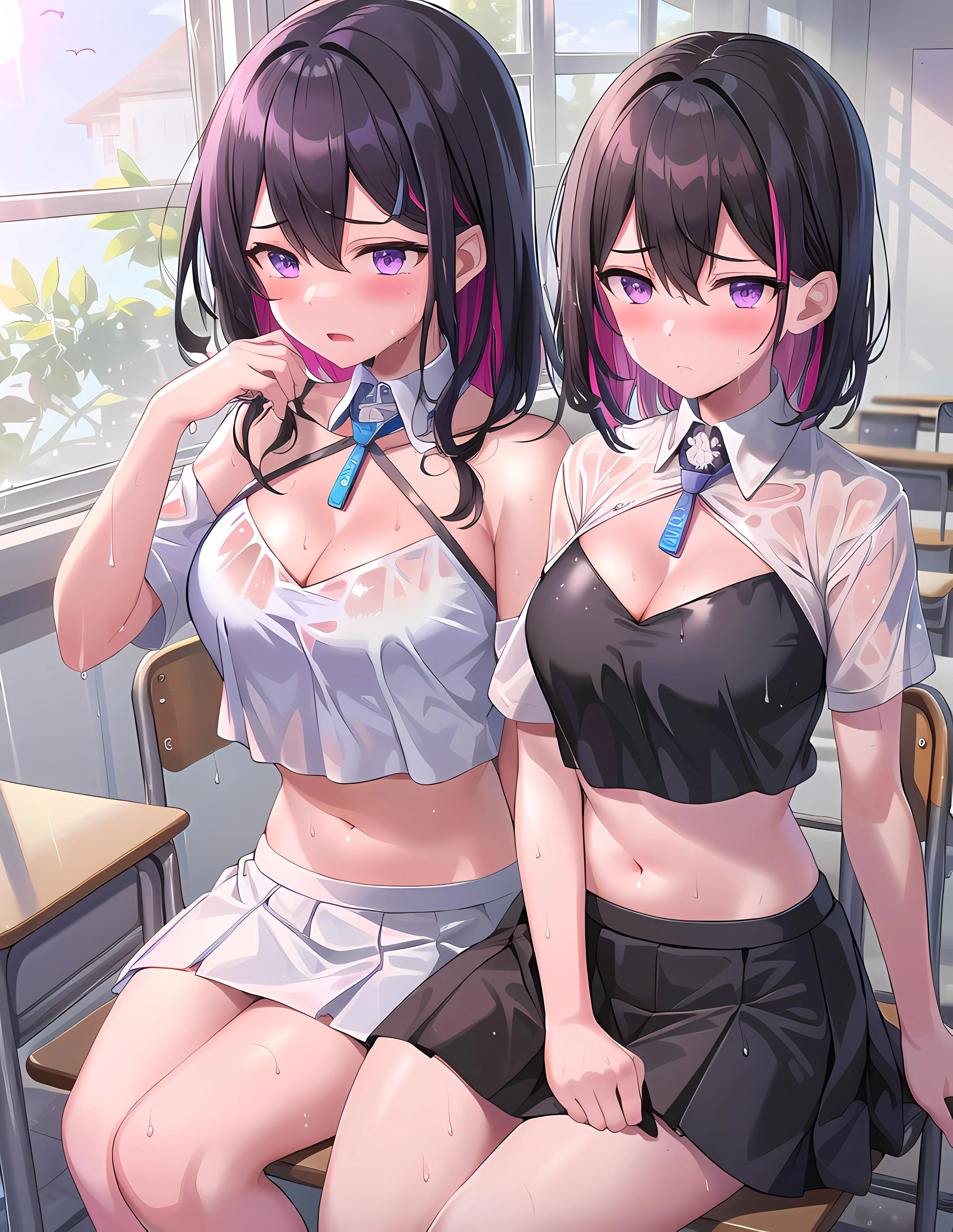 modelshoot style, (masterpiece:1.3), (absurdres:1.3), (best quality:1.3), (8K), (large masterpiece digital art), (detailed manga illustration), (handled hair), perfect anatomy, (intricate details:1.3), (ultra-detailed:1.3), (illustration:1.3), (sharp focus:1.3), (vivid colors:1.3), 1girl, solo, <lora:HololveAzki_V10:0.4>, azki, idol, (short hair:1), hair between eyes, multicolored hair, (two-tone hair, pink hair, black hair), purple eyes, floating hair, leaning back, (sweat, sweatdrops), (wet, wet clothes, wet hair, glossy), (shy, embarassed, blush), <lora:cheerleaderOutfitBlue_v1:0.7>, cheerleader, crop top, skirt, miniskirt, indoors, (classroom, school desk, school chair, window)