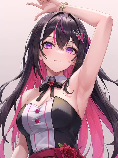 (masterpiece:1.3), (absurdres:1.3), (best quality:1.3), (ultra-detailed:1.3),(best shadow:0.7), (handled hair), (sharp eyeliner, eyeshadow, detailed eyes:1.1), perfect anatomy, BREAK <lora:azkiHololive_v1:0.7>, azki_(hololive), azki \(hololive\), large breasts, multicolored hair, pink hair, (purple eyes, glowing eyes), black hair, hair between eyes, jewelry, x hair ornament, bangs, very long hair, streaked hair, hairclip, light smile, closed mouth, sleeveless, strapless, armpits