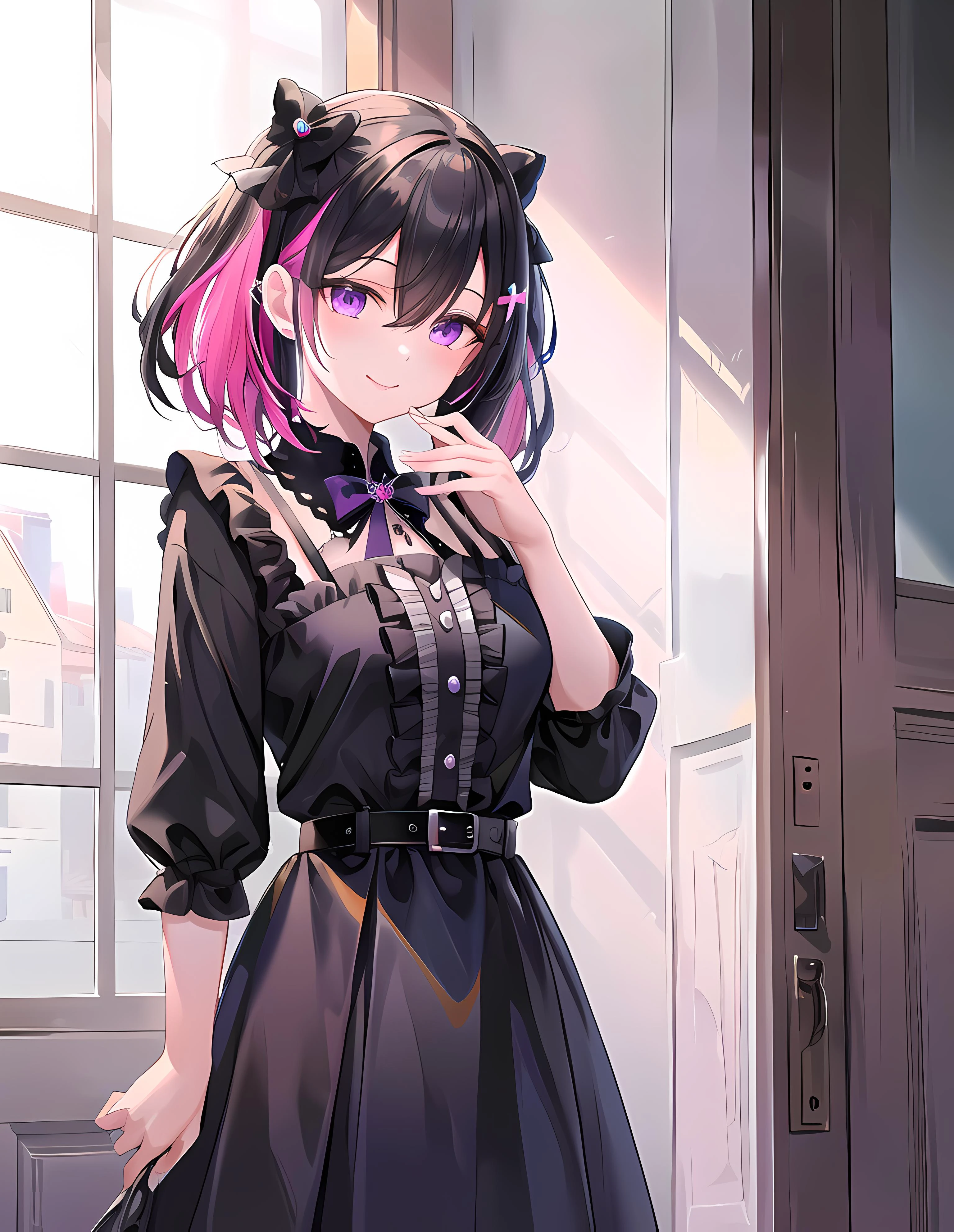 modelshoot style, (masterpiece:1.3), (absurdres:1.3), (best quality:1.3), (8K), (large masterpiece digital art), (detailed manga illustration), (handled hair), perfect anatomy, (intricate details:1.3), (ultra-detailed:1.3), (illustration:1.3), (sharp focus:1.3), (vivid colors:1.3), (1girl), (solo), <lora:HololveAzki_V10:0.3>, azki, idol, (short hair:1), hair between eyes, multicolored hair, (two-tone hair, pink hair, black hair), purple eyes, sightly smile, <lora:LoraLandmineGirlFashion_v10:0.9>, jirai fashion, belt, black skirt, long sleeves, bows, purple shirt