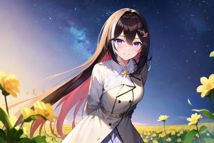 (masterpiece:1.3), (absurdres:1.3), (best quality:1.3), hand of Guido Daniele, (ultra-detailed:1.3),(best shadow:0.7), (handled hair),
1girl, solo, azki_(hololive), azki \(hololive\), large breasts, multicolored hair, pink hair, purple eyes, black hair, dress, hair between eyes, white dress, brown dress, brown jacket, jewelry, long sleeves, x hair ornament, bangs, bracelet, very long hair, streaked hair, hairclip, smile, arms_behind_back, leaning_forward
BREAK outdoors, flower field, night_sky, celestial, starry_sky, blue theme