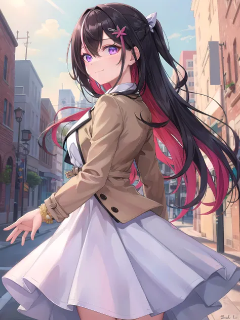 (masterpiece:1.3), (absurdres:1.3), (best quality:1.3), (ultra-detailed:1.3),(best shadow:0.7), (handled hair), (sharp eyeliner, eyeshadow, detailed eyes:1.1), perfect anatomy, BREAK <lora:azkiHololive_v1:0.7>, azki_(hololive), azki \(hololive\), large breasts, multicolored hair, pink hair, (purple eyes, glowing eyes), black hair, dress, hair between eyes, white dress, brown dress, brown jacket, jewelry, long sleeves, x hair ornament, bangs, bracelet, very long hair, streaked hair, hairclip, light smile, closed mouth, floating hair, (from behind), arms behind back, BREAK dramatic, outdoors, street, flower, winds, sunlight, ray tracing,