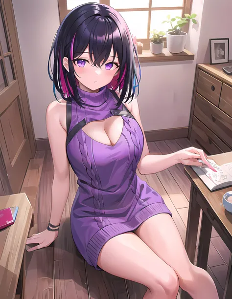 modelshoot style, (masterpiece:1.3), (absurdres:1.3), (best quality:1.3), (8K), (large masterpiece digital art), (detailed manga illustration), (handled hair), perfect anatomy, (intricate details:1.3), (ultra-detailed:1.3), (illustration:1.3), (sharp focus:1.3), (vivid colors:1.3), (1girl), (solo), <lora:HololveAzki_V10:0.3>, azki, idol, (short hair:1), hair between eyes, multicolored hair, (two-tone hair, pink hair, black hair), purple eyes, sitting, <lora:virginKillerSweater_v11:0.7>, virgin killer sweater, purple sweater, backless outfit, indoors, wooden floor, heart_cleavage_cutout