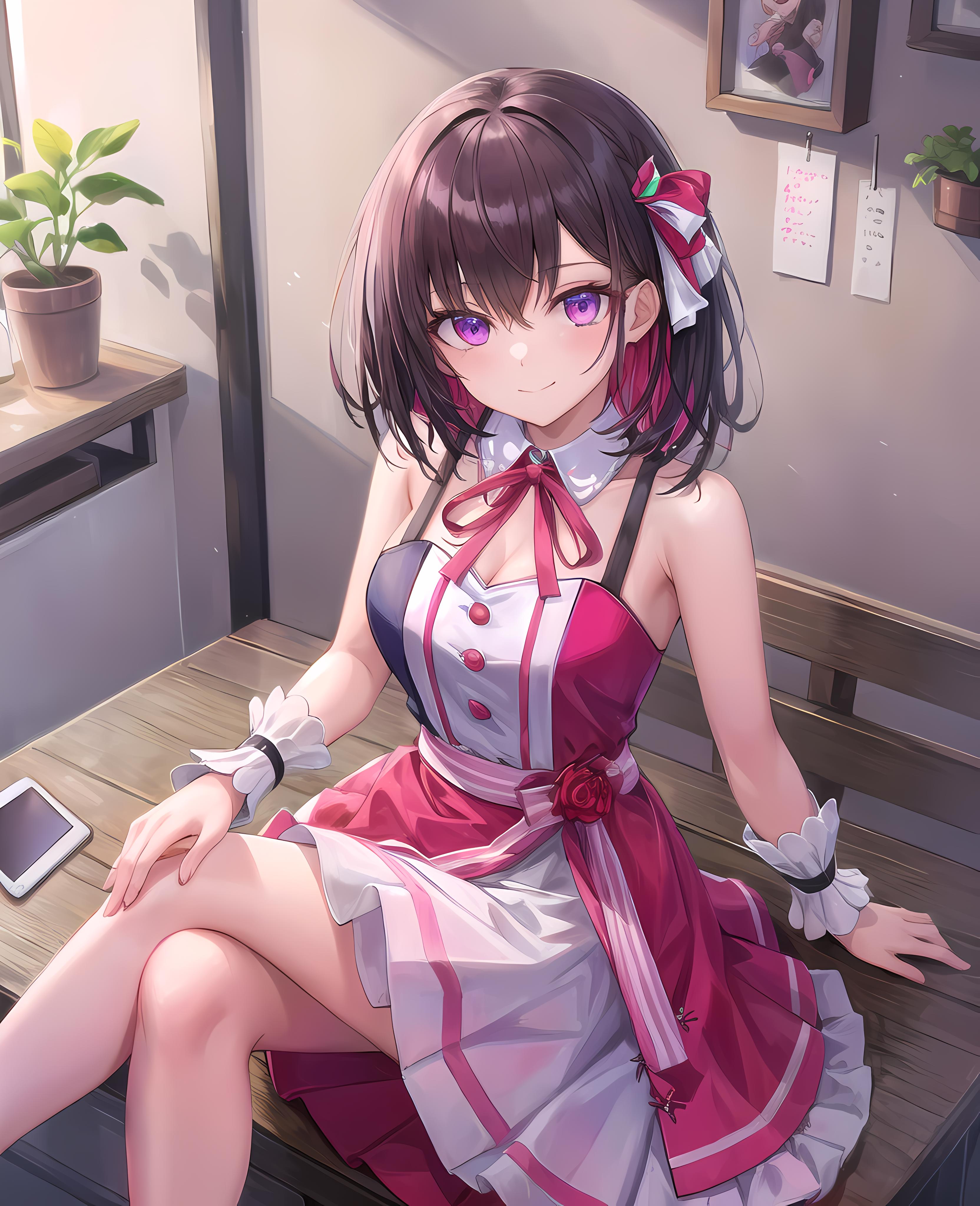 Anime girl sitting on a bench with a cell phone in her hand - SeaArt AI