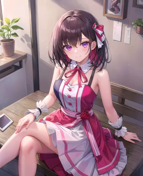 (masterpiece:1.3), (absurdres:1.3), (best quality:1.3), (ultra-detailed:1.3),(best shadow:0.7), (handled hair), (sharp eyeliner, eyeshadow, detailed eyes:1.1), perfect anatomy, BREAK  <lora:azkiHololive_v1:0.7>, azki_(hololive), azki \(hololive\), pink hair, black hair, short hair, purple eyes, glowing eyes, idol clothes, wrist cuffs, colored inner hair, multicolored hair, sleeveless, ribbon, pink skirt, dress, large breasts, light smile, closed mouth, BREAK, crossed legs, sitting, from above, indoors