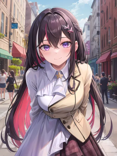 (masterpiece:1.3), (absurdres:1.3), (best quality:1.3), (ultra-detailed:1.3),(best shadow:0.7), (handled hair), (sharp eyeliner, eyeshadow, detailed eyes:1.1), perfect anatomy, BREAK <lora:azkiHololive_v1:0.7>, azki_(hololive), azki \(hololive\), large breasts, multicolored hair, pink hair, purple eyes, black hair, dress, hair between eyes, white dress, brown dress, brown jacket, jewelry, long sleeves, x hair ornament, bangs, bracelet, very long hair, streaked hair, hairclip, arms behind back, leaning forward, light smile, closed mouth, BREAK dramatic, outdoors, street,