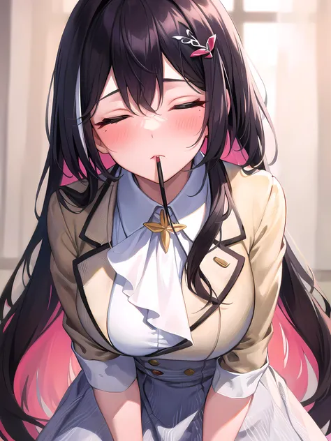 (masterpiece:1.3), (absurdres:1.3), (best quality:1.3), (ultra-detailed:1.3),(best shadow:0.7), (handled hair), (sharp eyeliner, eyeshadow, detailed eyes:1.1), perfect anatomy, BREAK 1girl, solo, <lora:azkiHololive_v1:0.6>, azki_(hololive), azki \(hololive\), large breasts, multicolored hair, pink hair, black hair, hair between eyes, dress, white dress, brown dress, brown jacket, jewelry, long sleeves, x hair ornament, bangs, bracelet, very long hair, streaked hair, hairclip, <lora:pockyKissDirectConcept_v10:0.7>, close-up, closed eyes, blush, upper body, leaning forward, BREAK bedroom, dramatic, street