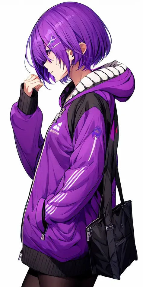 kiso azki,<lora:kiso azki:0.8>,1girl, solo, hair ornament, purple hair, purple eyes, hair over one eye, hood, pantyhose, short hair, v, , bag, hairclip, jacket, long sleeves, hood down, closed mouth, hoodie, backpack, from side, purple jacket, black pantyhose, purple hoodie, x hair ornament,<lora:flat2:-0.5>,<lora:boldline2:-0.5>,<lora:saturation:0.5>,<lora:noline:-0.5>,<lora:flatBG:0.5>,<lyco:kotobuki:-0.75>