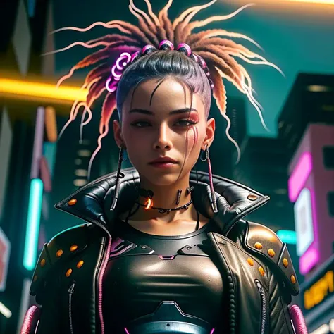 A close-up photo of a cyberpunk female, appearing defiant, her hair a cascade of neon-pink and black. It's under a flickering street light, casting dynamic shadows on her face. <lora:CyberPunk4:0.5> Camera angle is from below, emphasizing her strong features.