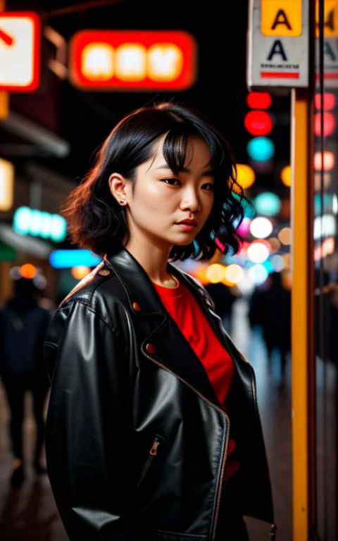 A vibrant, cinematic photograph inspired by the style of Wong Kar-wai. A young woman is captured walking along a bustling city street at night, surrounded by colorful neon lights and reflections. She wears a stylish urban outfit with a leather jacket and trendy accessories. Her hair is styled in loose waves. The camera angle is slightly tilted, emphasizing the dynamic movement and energy of the scene. ISO 800, Shutter speed 1/60, Focal length 35mm, shallow depth of field, nighttime with a mix of artificial and ambient lighting.