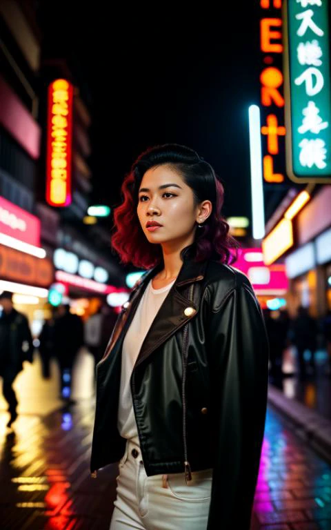 A vibrant, cinematic photograph inspired by the style of Wong Kar-wai. A young woman is captured walking along a bustling city street at night, surrounded by colorful neon lights and reflections. She wears a stylish urban outfit with a leather jacket and trendy accessories. Her hair is styled in loose waves. The camera angle is slightly tilted, emphasizing the dynamic movement and energy of the scene. ISO 800, Shutter speed 1/60, Focal length 35mm, shallow depth of field, nighttime with a mix of artificial and ambient lighting.