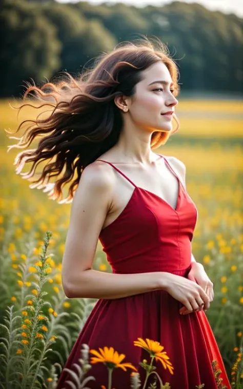 A natural, vibrant photograph capturing a woman in a striking red dress standing amidst a blooming field of wildflowers. The sun casts a warm, golden glow over the scene. The woman's dress flows elegantly in the gentle breeze, complementing her flowing dark hair. The camera angle is slightly elevated, capturing the beauty of the surroundings and emphasizing the woman's confident presence. ISO 200, Shutter speed 1/250, Focal length 50mm, medium depth of field, sunny day with soft, diffused lighting.