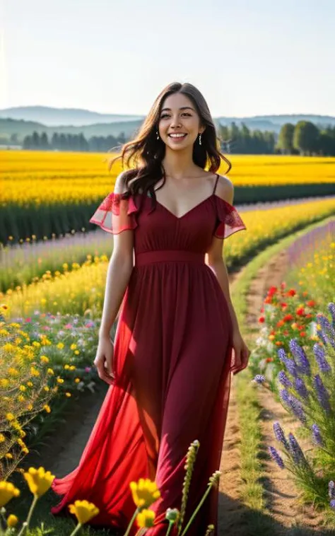 A natural, vibrant photograph capturing a woman in a striking red dress standing amidst a blooming field of wildflowers. The sun casts a warm, golden glow over the scene. The woman's dress flows elegantly in the gentle breeze, complementing her flowing dark hair. The camera angle is slightly elevated, capturing the beauty of the surroundings and emphasizing the woman's confident presence. ISO 200, Shutter speed 1/250, Focal length 50mm, medium depth of field, sunny day with soft, diffused lighting.