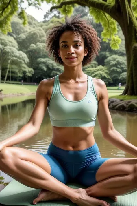 A photo of a confident woman with short, curly hair, dressed in workout attire. She is stretching on a yoga mat in a lush green park surrounded by tall trees. The park has a serene pond with ducks gliding across the water. The gentle breeze rustles the leaves, creating a calming atmosphere. Camera is positioned at a low angle, capturing the woman's determination and highlighting the surrounding nature.
<lora:add_detail:1>