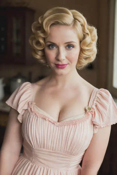 portrait of a chk wearing a milk maid dress, (light pink milk maid dress), (upright pin curl hairstyle), (blonde hair), (kitchen background), elegant, highly detailed. vibrant, photorealistic, realistic, sharp focus, 8k, <lyco:ChristinaHendricks-RealVision-V1.0:1.0>