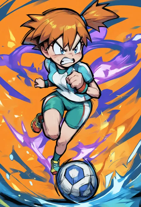 score_9, score_8_up, score_7_up, score_6_up, BREAK source_anime, soccer ball, sportswear, soccer uniform,full body, angry,lineart, aura,misty \(pokemon\),  <lora:MarioStrikerXL:0.8>