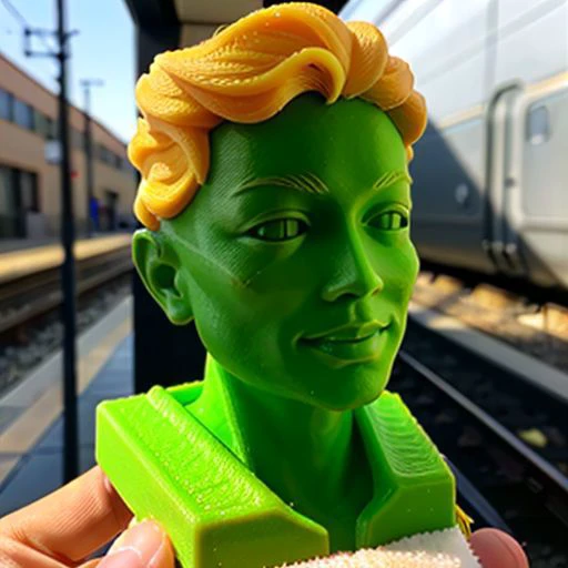 <lora:3DPrinted-000001:.9>,3D Printed, Dark goldenrod colored PLA skin texture, subtle horizontal lines,masterpiece,dollhouse, showcase, train station in the background, blurry background,realistic, oily skin, low poly,