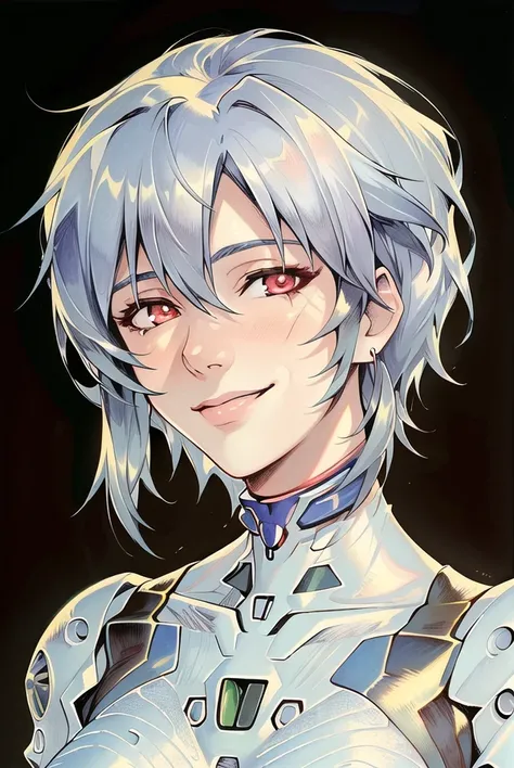masterpiece portrait of smiling Rei Ayanami \(evangelion\), evangelion \(Hideaki\), caustics, textile shading, high resolution illustration, red eyes, feminine, no pupils, blue hair, short hair, plug suit, neon light, detailed background