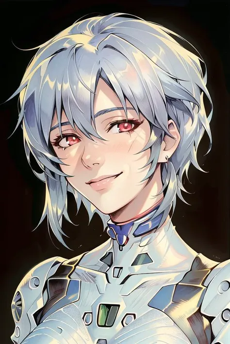 masterpiece portrait of smiling Rei Ayanami \(evangelion\), evangelion \(Hideaki\), caustics, textile shading, high resolution illustration, red eyes, feminine, no pupils, blue hair,  short hair, plug suit, neon light, detailed background