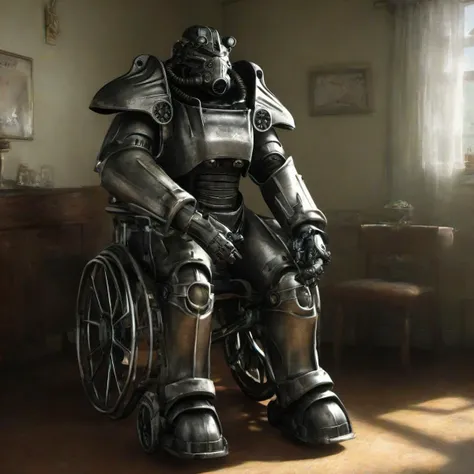 masterpice,high quality,
<lora:PE_PowerArmor:0.8> PEPowerArmor,
sitting in a wheelchair,wheelchair,inside retirement home