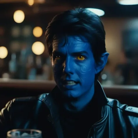 cinematic photo tom cruise with a blue skin, pointy ears, turtleneck, leather jacket, yellow eyes, having a beer in a pub <lora:NightCrawler1024:0.9> . 35mm photograph, film, bokeh, professional, 4k, highly detailed